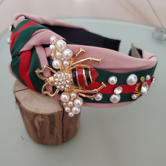 Accessories - NWT Luxury Queen Bee Pearl Navy Knot Headband Pink